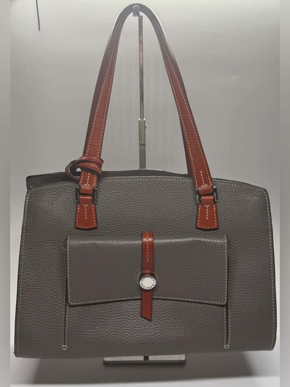 Dooney & Bourke Pebbled Leather Tote Gray Brown Tassel Shoulder Bag Large - Picture 2 of 13